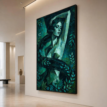 Enigmatic Woman Portrait Canvas, Green Nature Scene, Abstract Female Figure, Botanical Wall Art, Home Decor Canvas Print Canvas Print Art