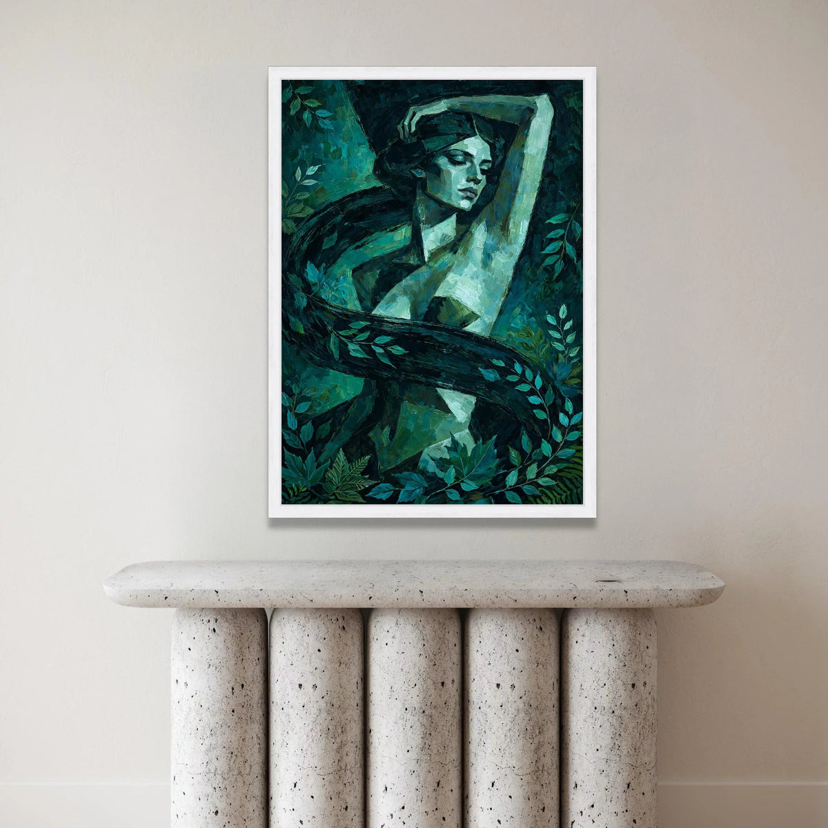 Enigmatic Woman Portrait Canvas, Green Nature Scene, Abstract Female Figure, Botanical Wall Art, Home Decor Canvas Print Canvas Print Art