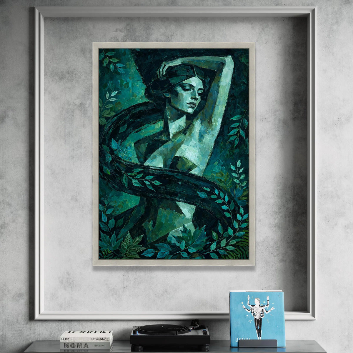Enigmatic Woman Portrait Canvas, Green Nature Scene, Abstract Female Figure, Botanical Wall Art, Home Decor Canvas Print Canvas Print Art