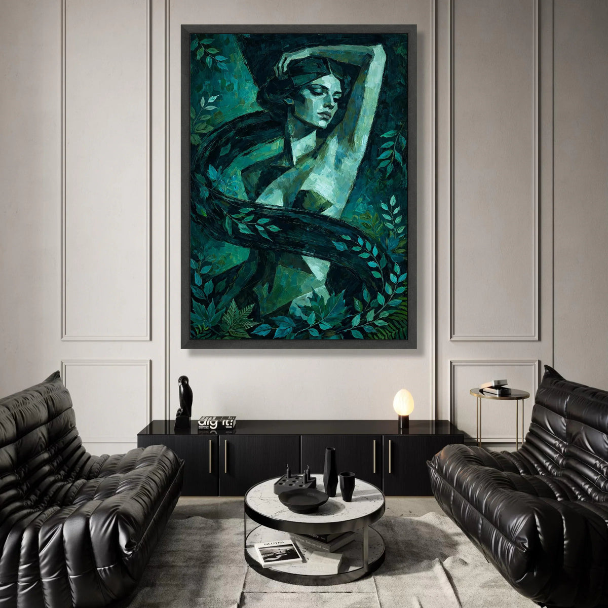 Enigmatic Woman Portrait Canvas, Green Nature Scene, Abstract Female Figure, Botanical Wall Art, Home Decor Canvas Print Canvas Print Art