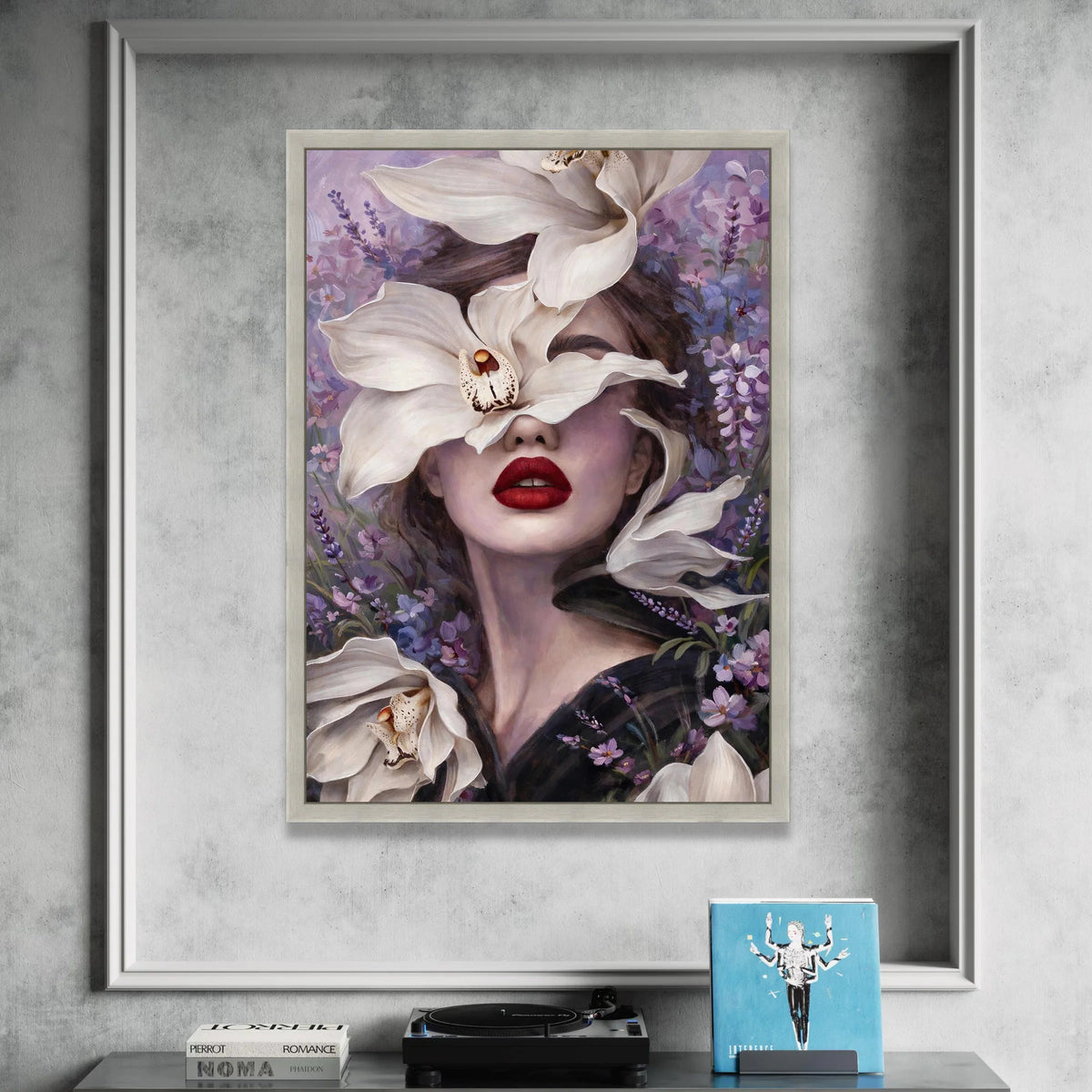 Elegant Woman Portrait with White Lilies Canvas, Floral Face Art, Purple Lavender Background, Modern Feminine Wall Canvas Print Art