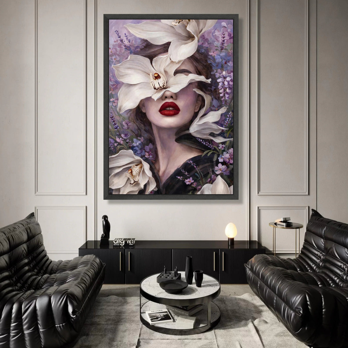 Elegant Woman Portrait with White Lilies Canvas, Floral Face Art, Purple Lavender Background, Modern Feminine Wall Canvas Print Art