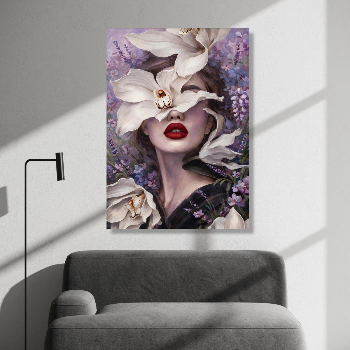 Elegant Woman Portrait with White Lilies Canvas, Floral Face Art, Purple Lavender Background, Modern Feminine Wall Canvas Print Art