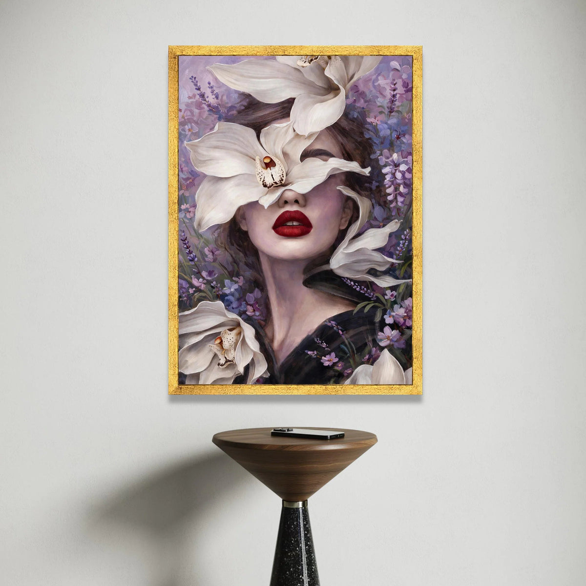 Elegant Woman Portrait with White Lilies Canvas, Floral Face Art, Purple Lavender Background, Modern Feminine Wall Canvas Print Art