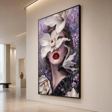 Elegant Woman Portrait with White Lilies Canvas, Floral Face Art, Purple Lavender Background, Modern Feminine Wall Canvas Print Art