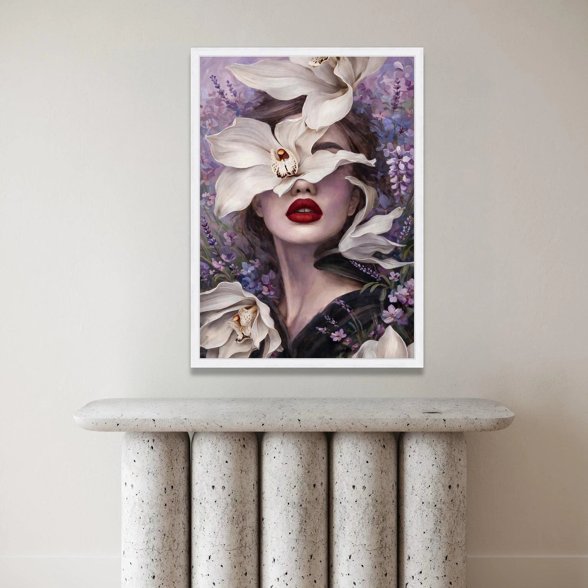 Elegant Woman Portrait with White Lilies Canvas, Floral Face Art, Purple Lavender Background, Modern Feminine Wall Canvas Print Art