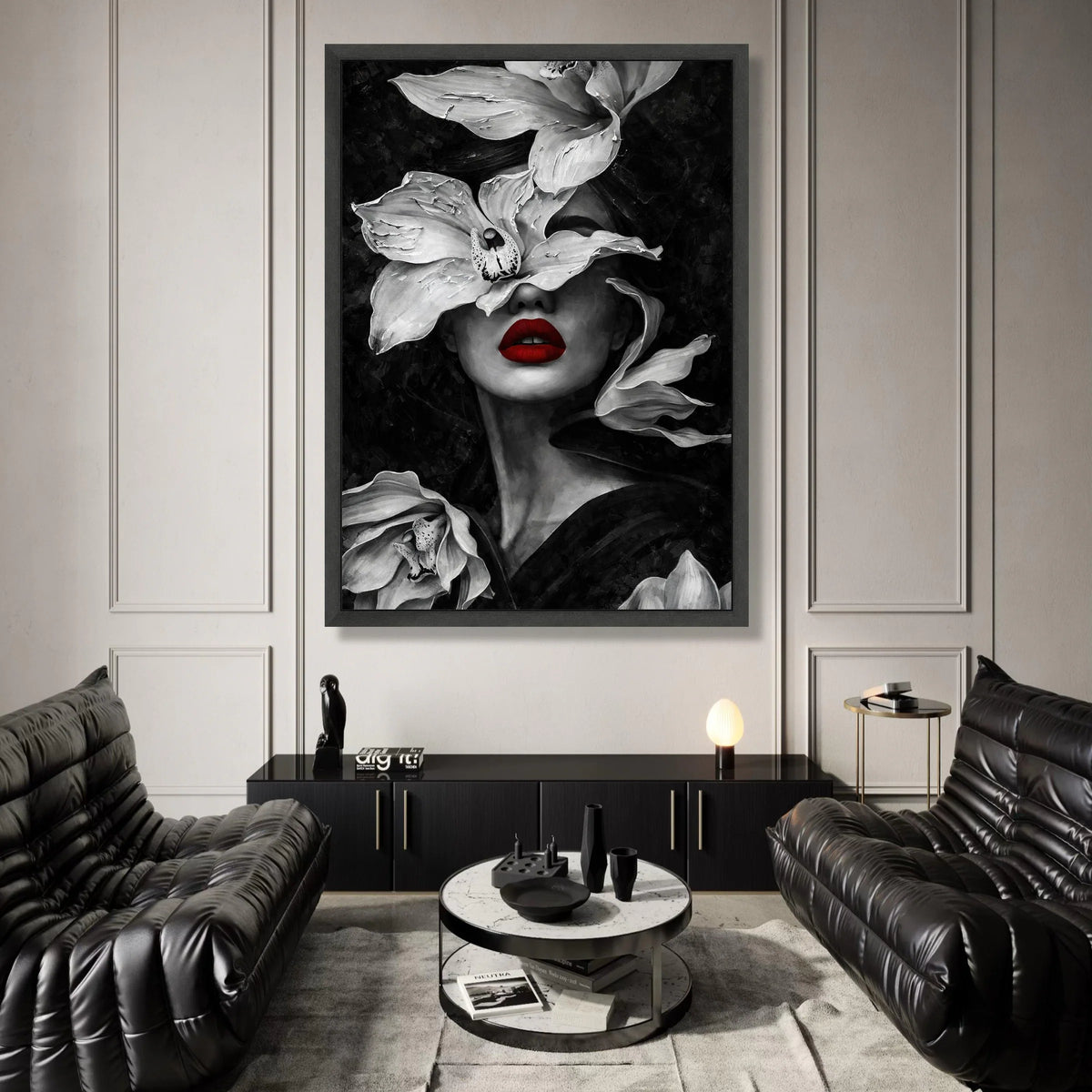 Elegant Woman Portrait Canvas with White Orchid Flowers, Red Lips Wall Art, Modern Monochrome Face Canvas, Floral Feminine Canvas Print Art