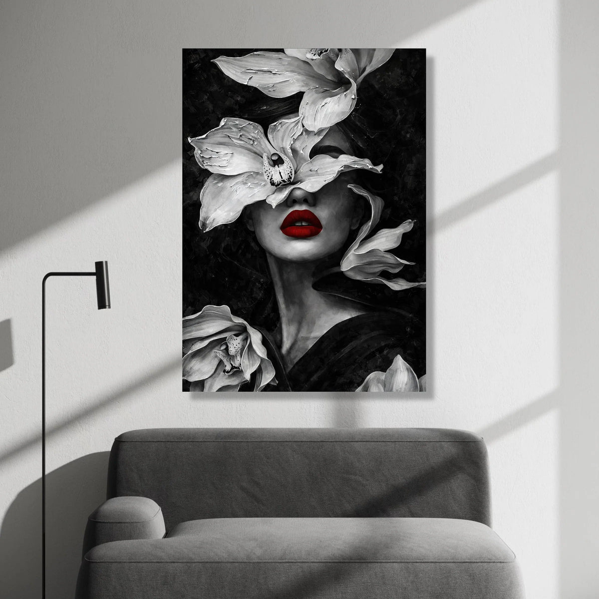 Elegant Woman Portrait Canvas with White Orchid Flowers, Red Lips Wall Art, Modern Monochrome Face Canvas, Floral Feminine Canvas Print Art