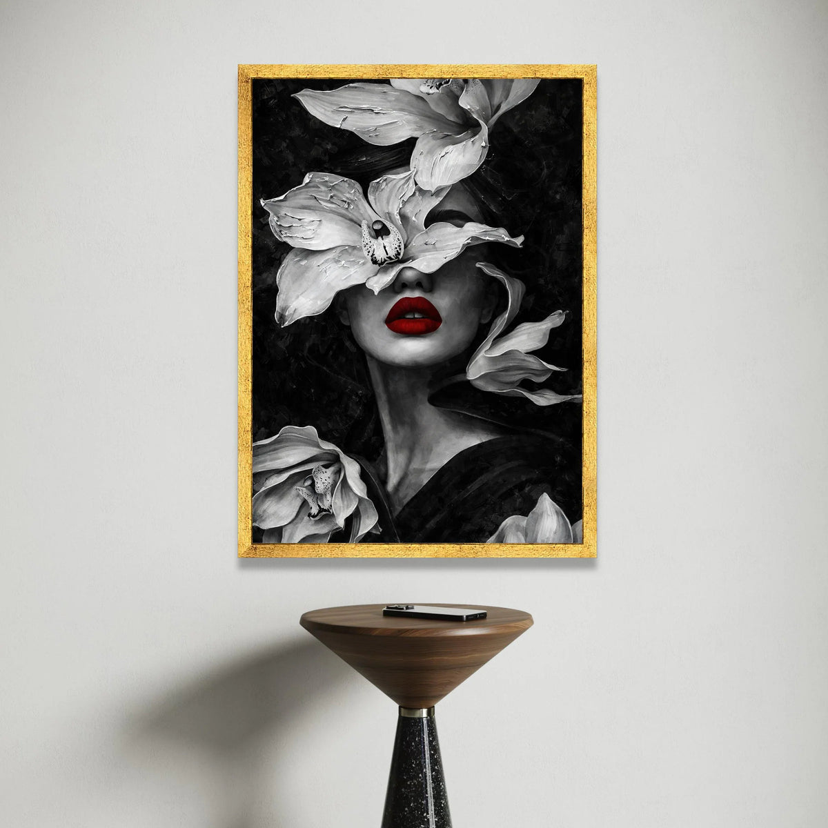 Elegant Woman Portrait Canvas with White Orchid Flowers, Red Lips Wall Art, Modern Monochrome Face Canvas, Floral Feminine Canvas Print Art