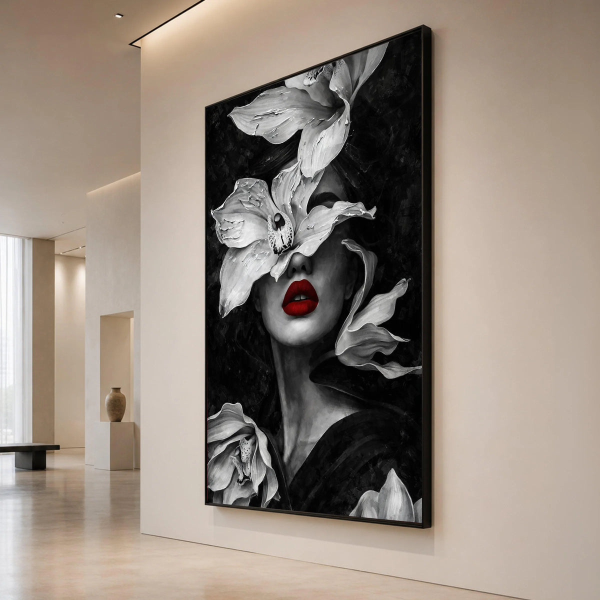 Elegant Woman Portrait Canvas with White Orchid Flowers, Red Lips Wall Art, Modern Monochrome Face Canvas, Floral Feminine Canvas Print Art