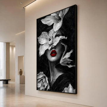 Elegant Woman Portrait Canvas with White Orchid Flowers, Red Lips Wall Art, Modern Monochrome Face Canvas, Floral Feminine Canvas Print Art