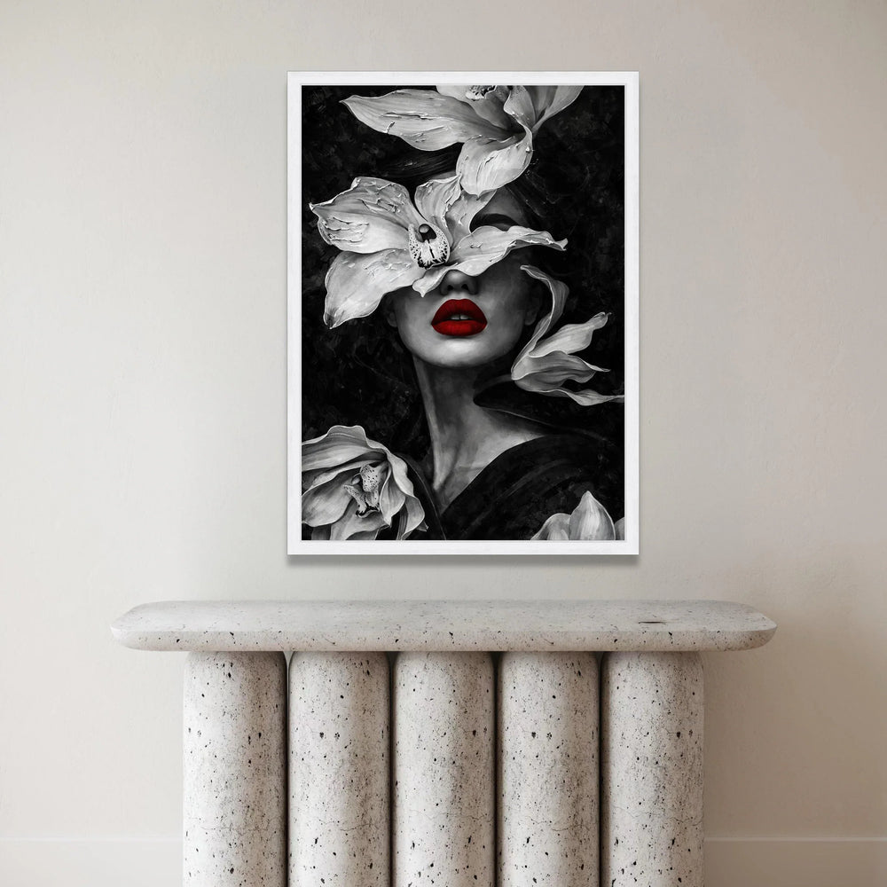 Elegant Woman Portrait Canvas with White Orchid Flowers, Red Lips Wall Art, Modern Monochrome Face Canvas, Floral Feminine Canvas Print Art