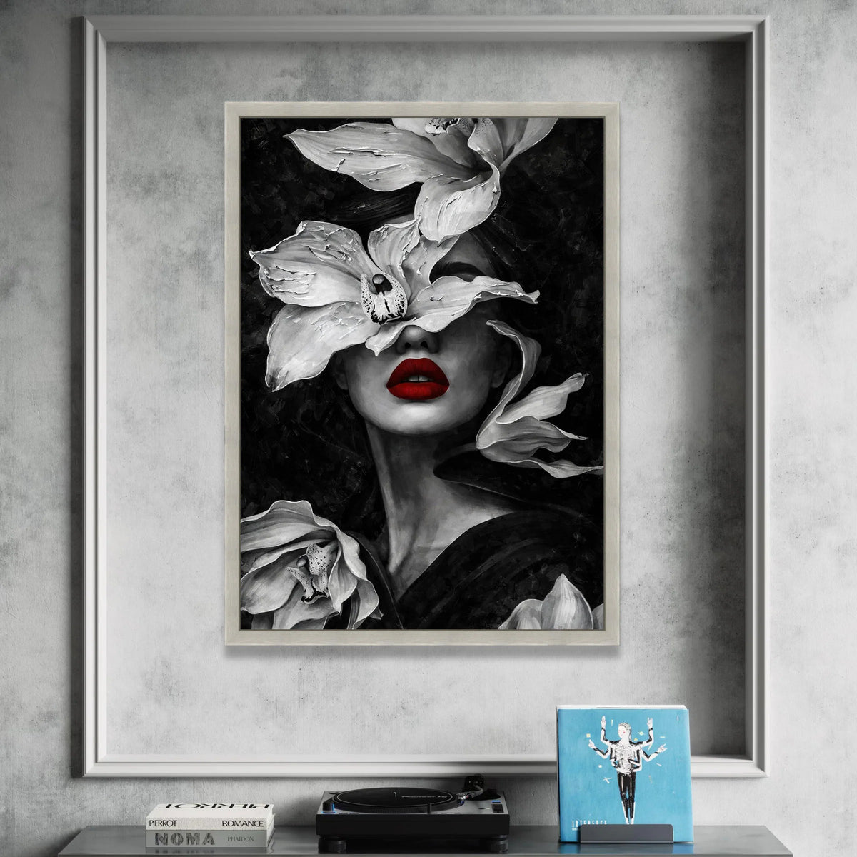 Elegant Woman Portrait Canvas with White Orchid Flowers, Red Lips Wall Art, Modern Monochrome Face Canvas, Floral Feminine Canvas Print Art