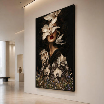 Elegant Floral Portrait Canvas, Woman Face with Orchids, Dramatic Dark Background, Modern Botanical Wall Art, Home Canvas Print Art