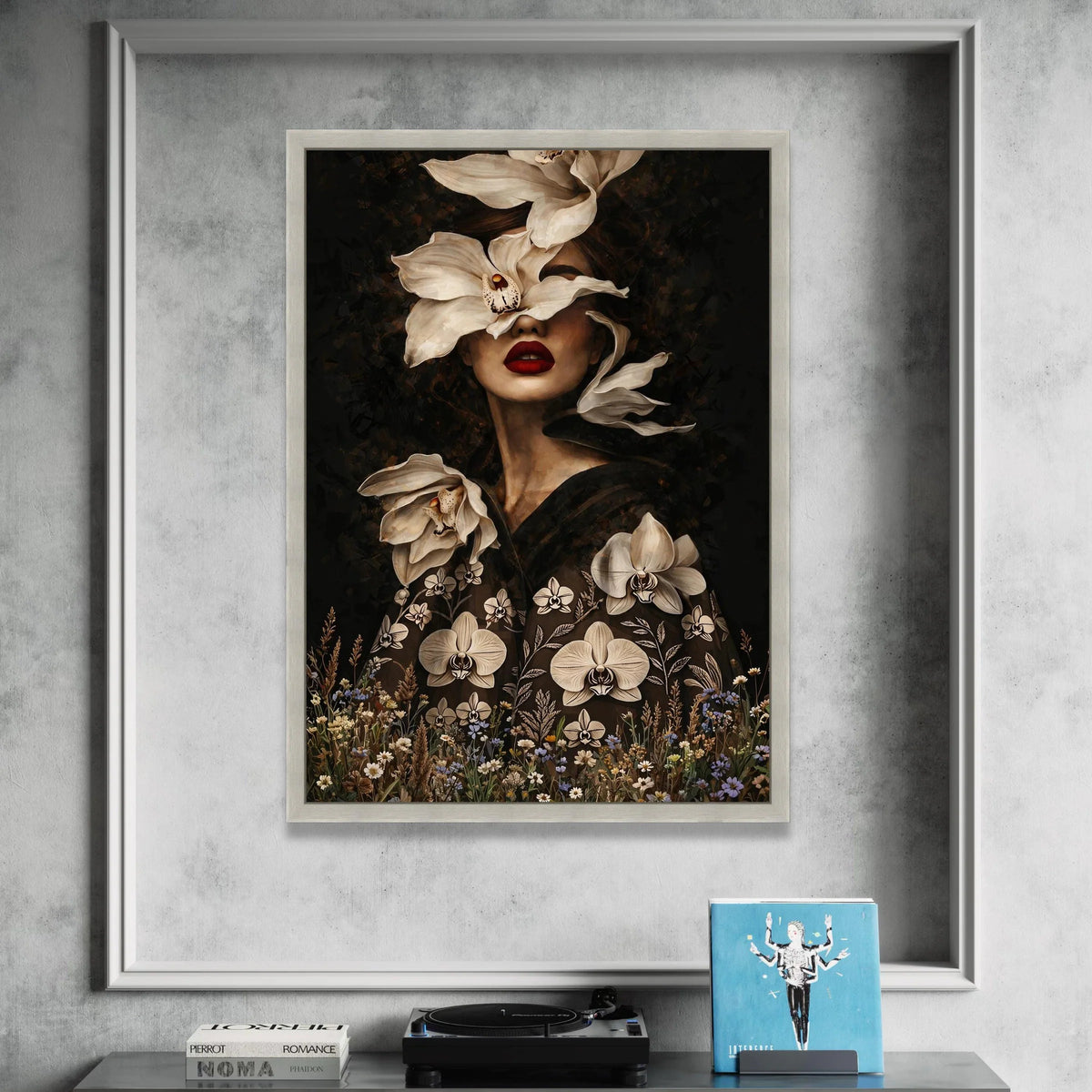 Elegant Floral Portrait Canvas, Woman Face with Orchids, Dramatic Dark Background, Modern Botanical Wall Art, Home Canvas Print Art