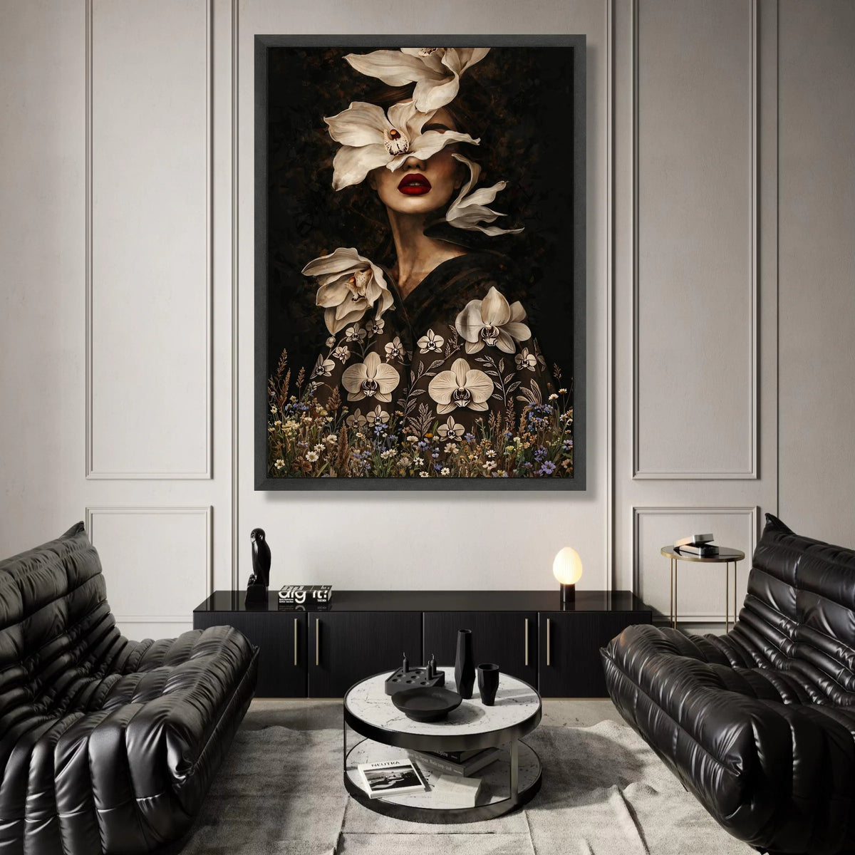 Elegant Floral Portrait Canvas, Woman Face with Orchids, Dramatic Dark Background, Modern Botanical Wall Art, Home Canvas Print Art