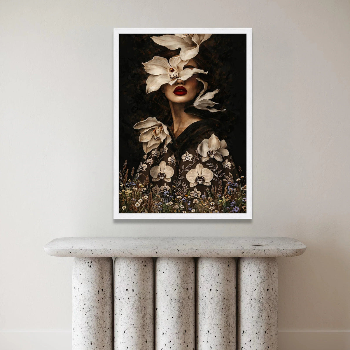 Elegant Floral Portrait Canvas, Woman Face with Orchids, Dramatic Dark Background, Modern Botanical Wall Art, Home Canvas Print Art