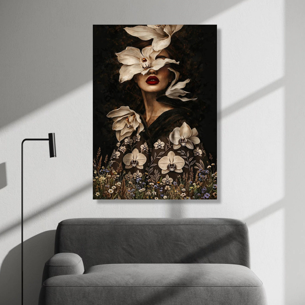 Elegant Floral Portrait Canvas, Woman Face with Orchids, Dramatic Dark Background, Modern Botanical Wall Art, Home Canvas Print Art