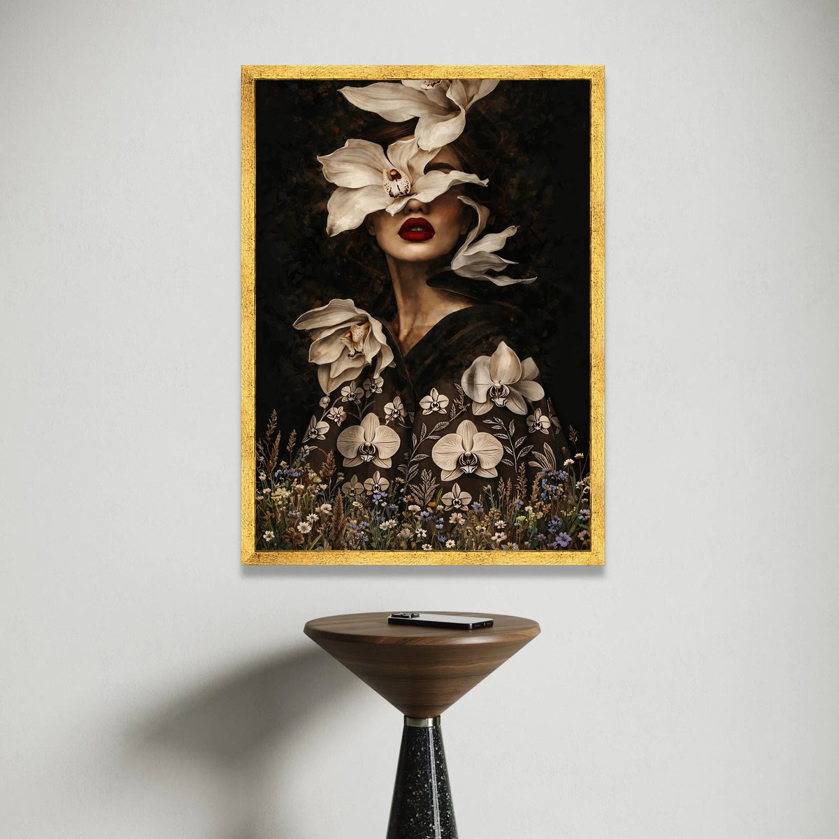 Elegant Floral Portrait Canvas, Woman Face with Orchids, Dramatic Dark Background, Modern Botanical Wall Art, Home Canvas Print Art