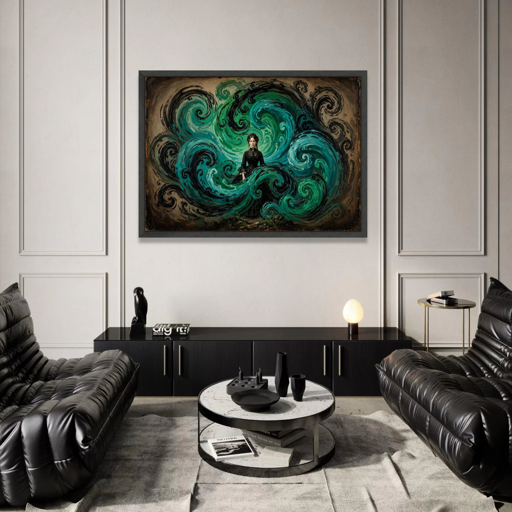 Victorian Woman with Swirling Blue Waves, Surreal Canvas Wall Art, Fantasy Portrait Canvas, Gothic Home Decoration, Elegant Canvas Print Art