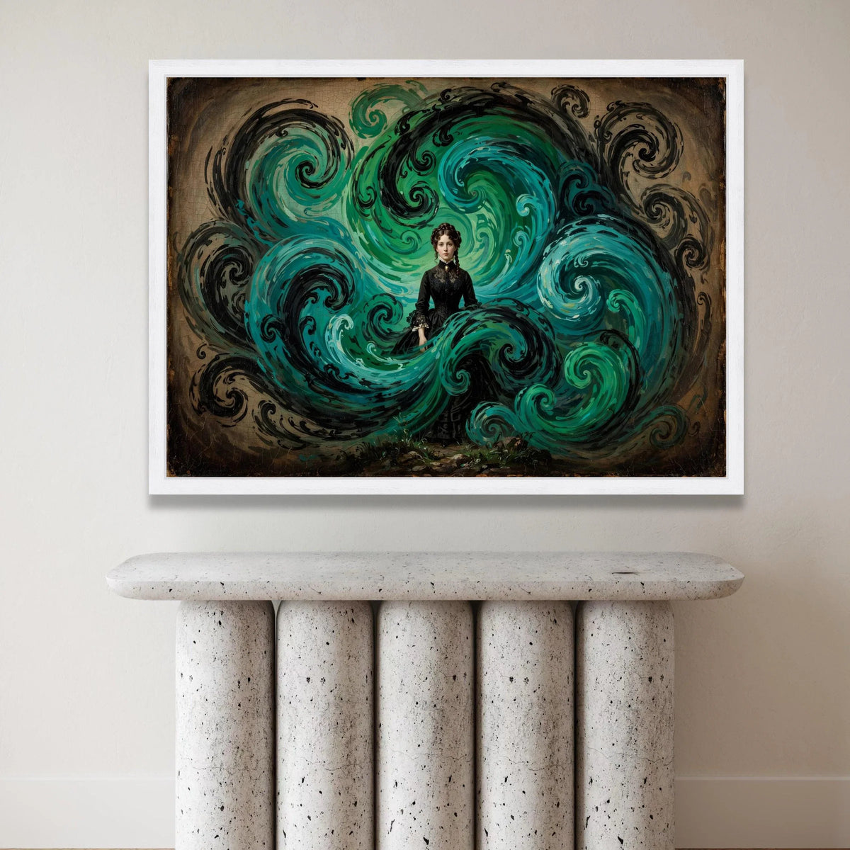 Victorian Woman with Swirling Blue Waves, Surreal Canvas Wall Art, Fantasy Portrait Canvas, Gothic Home Decoration, Elegant Canvas Print Art