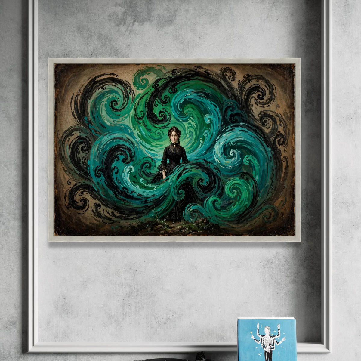 Victorian Woman with Swirling Blue Waves, Surreal Canvas Wall Art, Fantasy Portrait Canvas, Gothic Home Decoration, Elegant Canvas Print Art