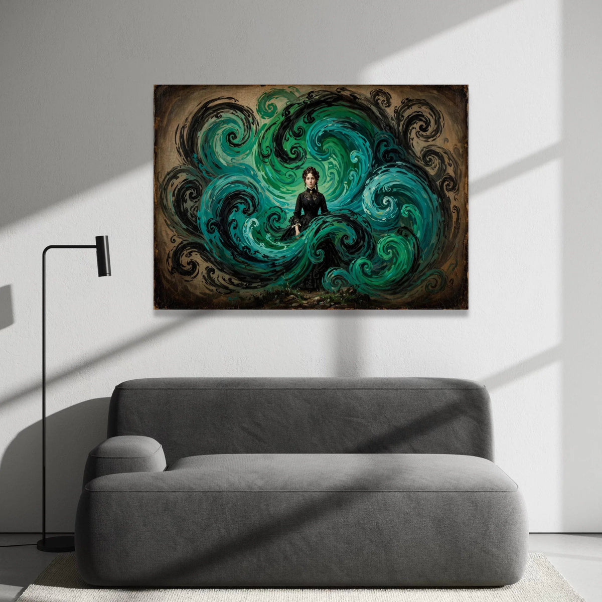 Victorian Woman with Swirling Blue Waves, Surreal Canvas Wall Art, Fantasy Portrait Canvas, Gothic Home Decoration, Elegant Canvas Print Art