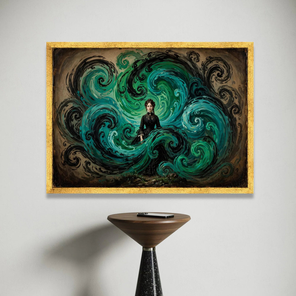 Victorian Woman with Swirling Blue Waves, Surreal Canvas Wall Art, Fantasy Portrait Canvas, Gothic Home Decoration, Elegant Canvas Print Art