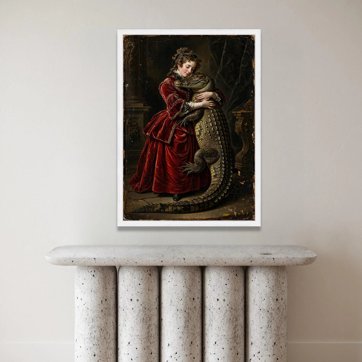 Historical Portrait of Woman Hugging Crocodile, Vintage Baroque Canvas, Dramatic Wall Art, Unique Animal Painting, Elegant Canvas Print Art