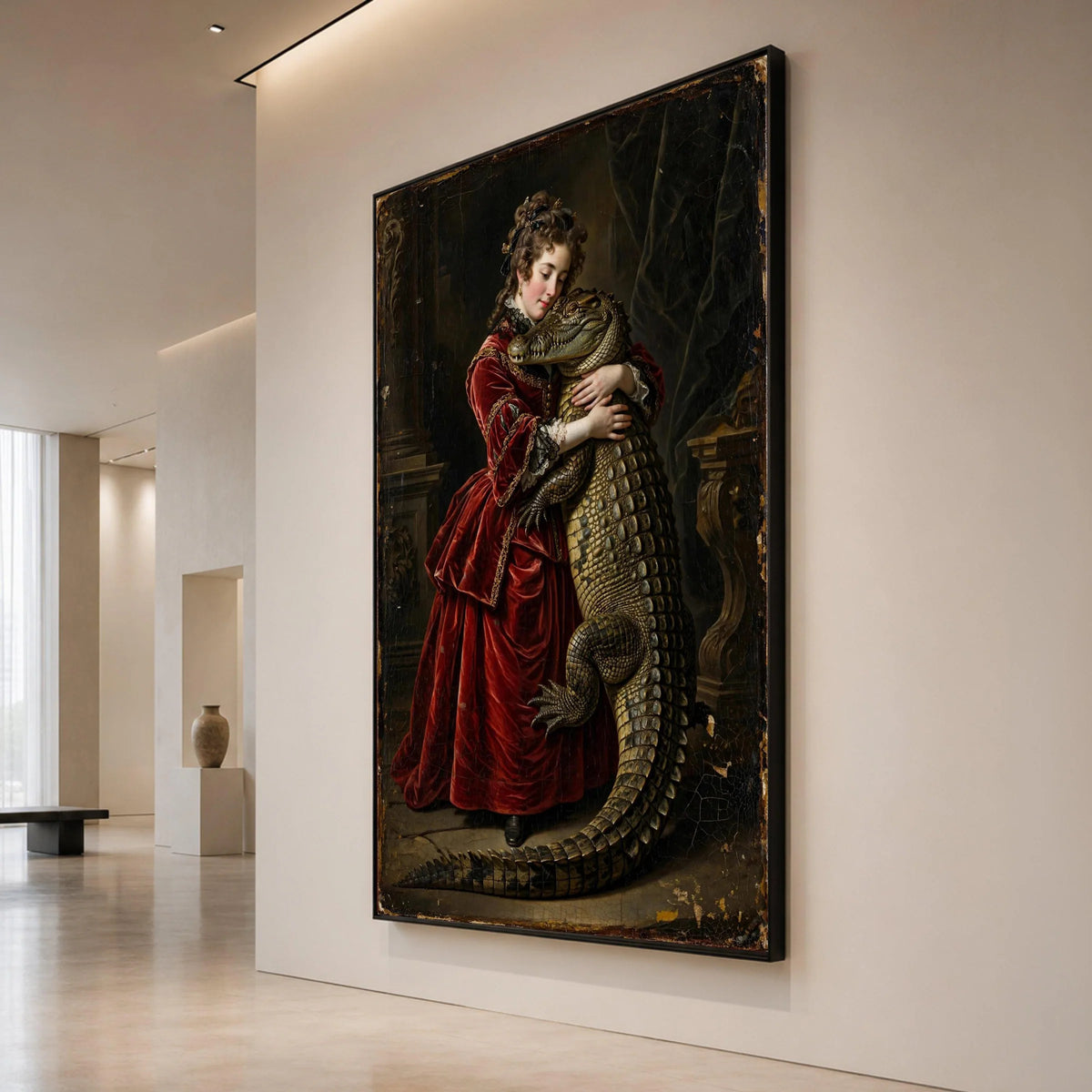 Historical Portrait of Woman Hugging Crocodile, Vintage Baroque Canvas, Dramatic Wall Art, Unique Animal Painting, Elegant Canvas Print Art