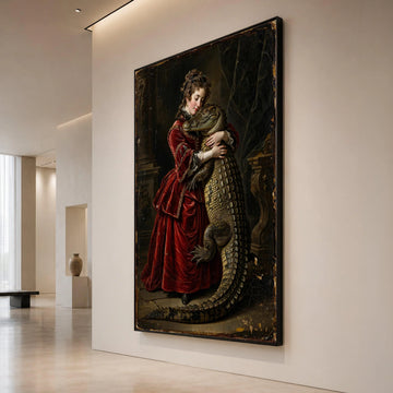 Historical Portrait of Woman Hugging Crocodile, Vintage Baroque Canvas, Dramatic Wall Art, Unique Animal Painting, Elegant Canvas Print Art