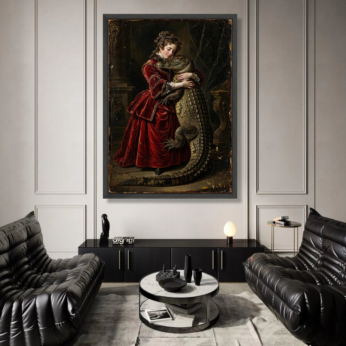 Historical Portrait of Woman Hugging Crocodile, Vintage Baroque Canvas, Dramatic Wall Art, Unique Animal Painting, Elegant Canvas Print Art