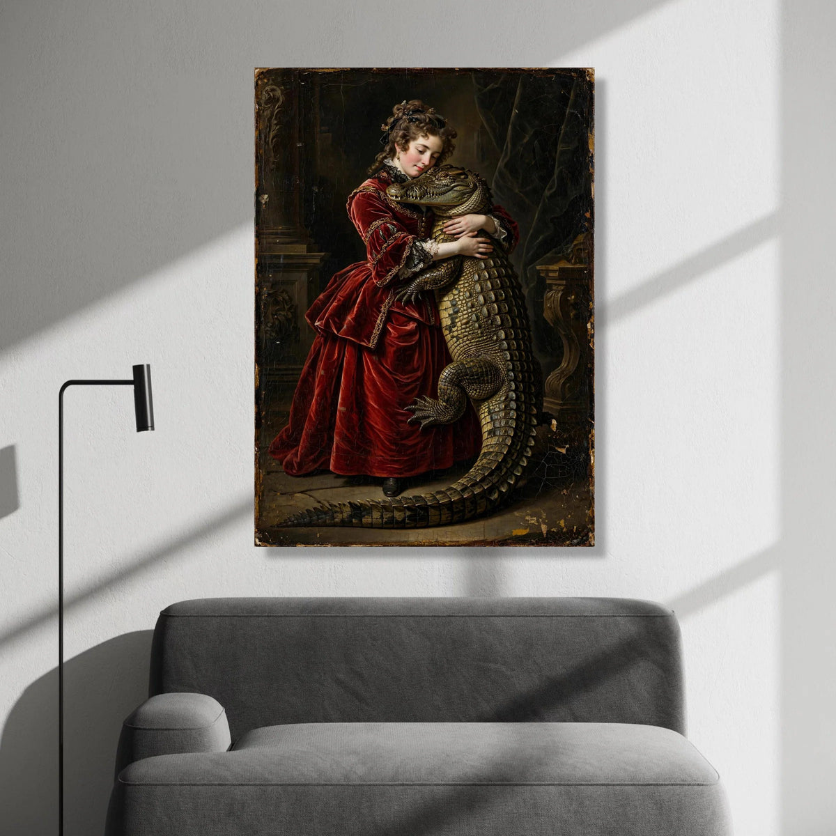 Historical Portrait of Woman Hugging Crocodile, Vintage Baroque Canvas, Dramatic Wall Art, Unique Animal Painting, Elegant Canvas Print Art