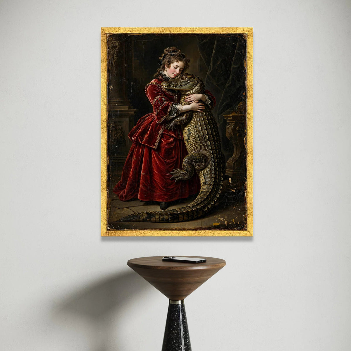 Historical Portrait of Woman Hugging Crocodile, Vintage Baroque Canvas, Dramatic Wall Art, Unique Animal Painting, Elegant Canvas Print Art