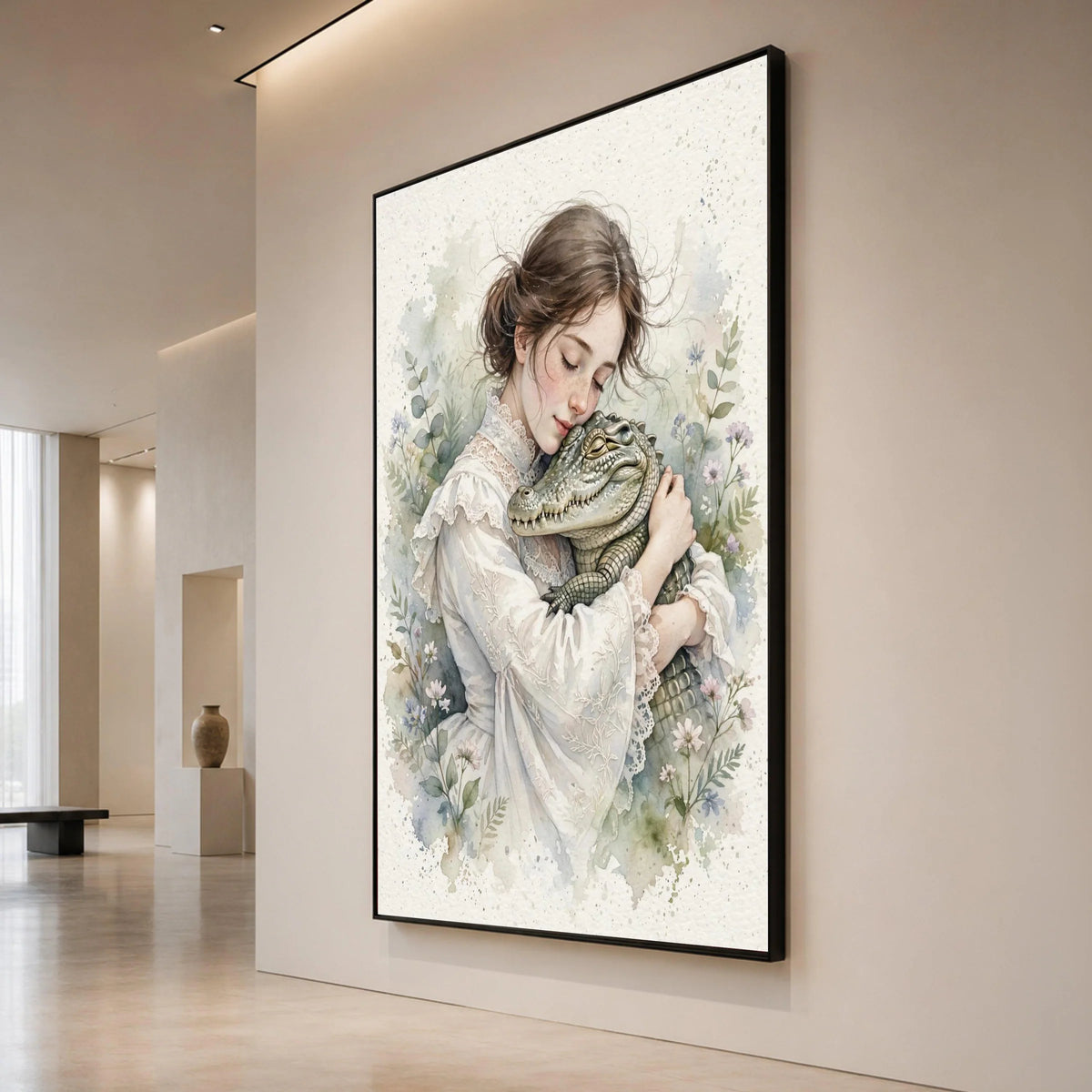 Gentle Embrace Canvas, Victorian Girl with Alligator, Floral Botanical Wall Art, Soft Pastel Home Decoration, Romantic Canvas Print Art