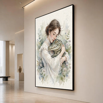 Gentle Embrace Canvas, Victorian Girl with Alligator, Floral Botanical Wall Art, Soft Pastel Home Decoration, Romantic Canvas Print Art