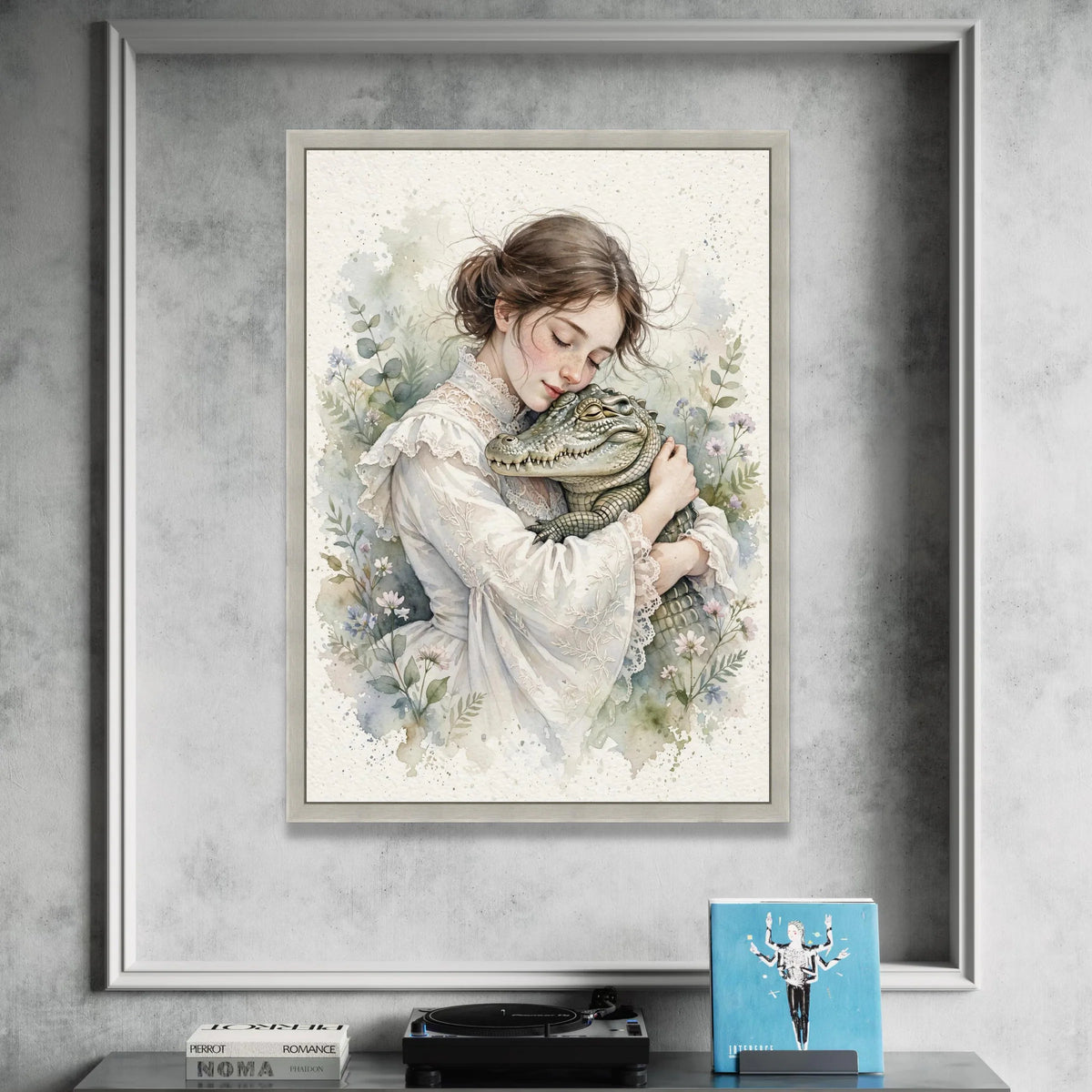 Gentle Embrace Canvas, Victorian Girl with Alligator, Floral Botanical Wall Art, Soft Pastel Home Decoration, Romantic Canvas Print Art