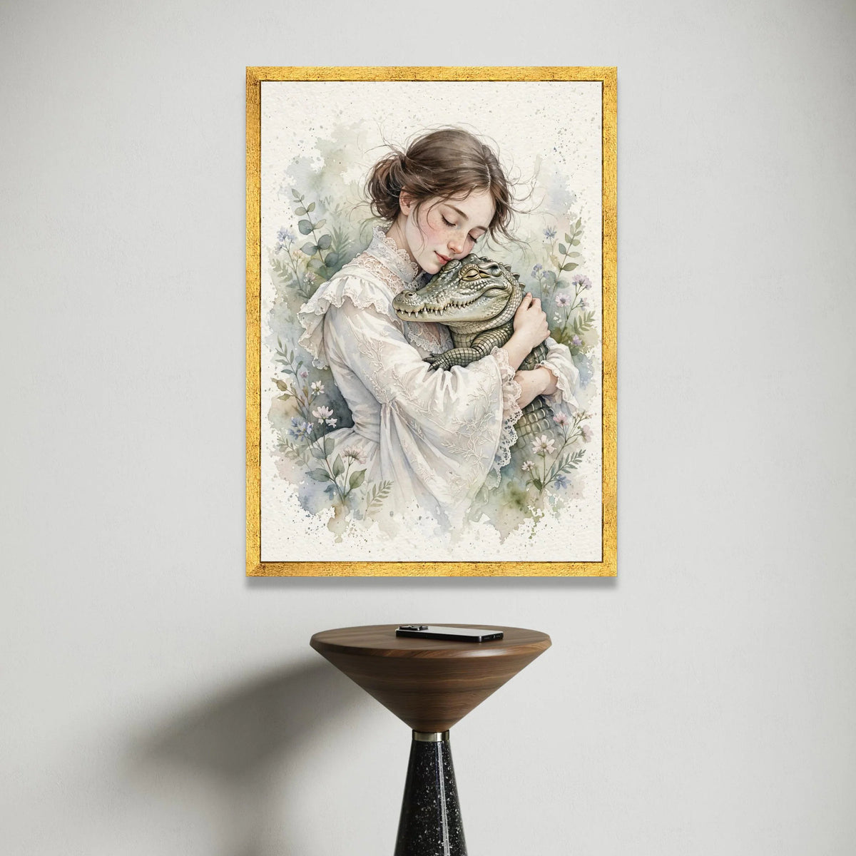 Gentle Embrace Canvas, Victorian Girl with Alligator, Floral Botanical Wall Art, Soft Pastel Home Decoration, Romantic Canvas Print Art