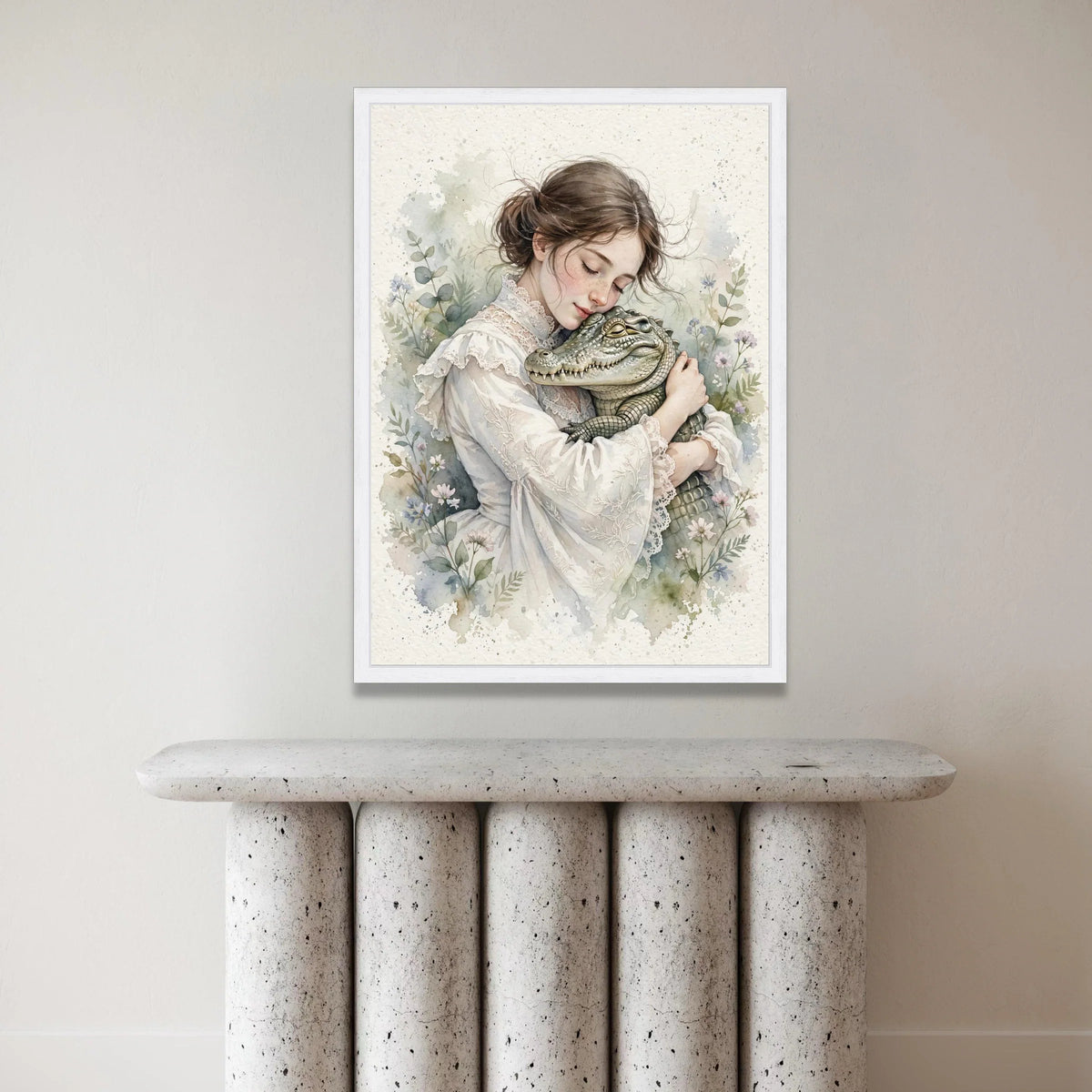 Gentle Embrace Canvas, Victorian Girl with Alligator, Floral Botanical Wall Art, Soft Pastel Home Decoration, Romantic Canvas Print Art