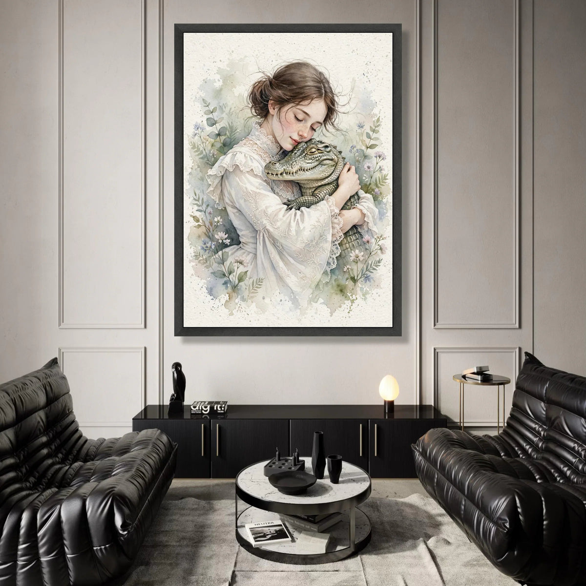 Gentle Embrace Canvas, Victorian Girl with Alligator, Floral Botanical Wall Art, Soft Pastel Home Decoration, Romantic Canvas Print Art