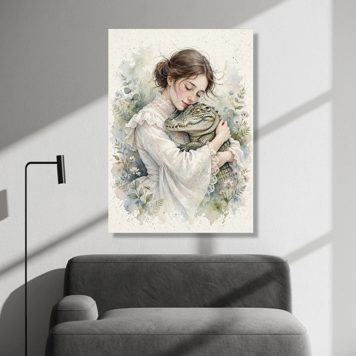 Gentle Embrace Canvas, Victorian Girl with Alligator, Floral Botanical Wall Art, Soft Pastel Home Decoration, Romantic Canvas Print Art