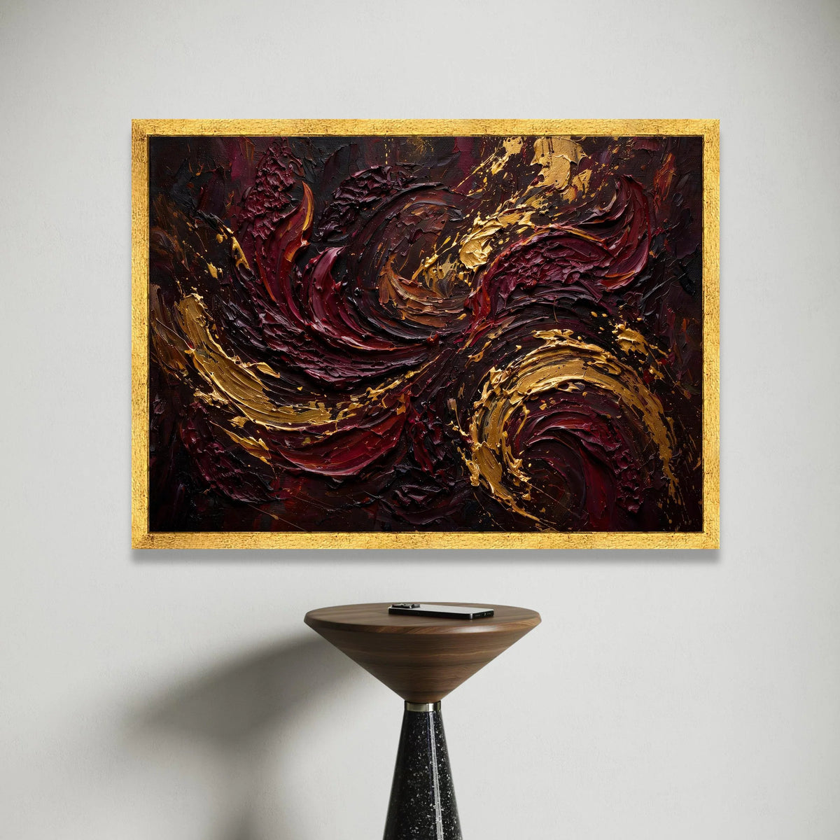 Deep Burgundy and Bronze Swirl Canvas, Abstract Modern Wall Art, Bold Color Home Decoration, Living Room Canvas Design, Canvas Print Art