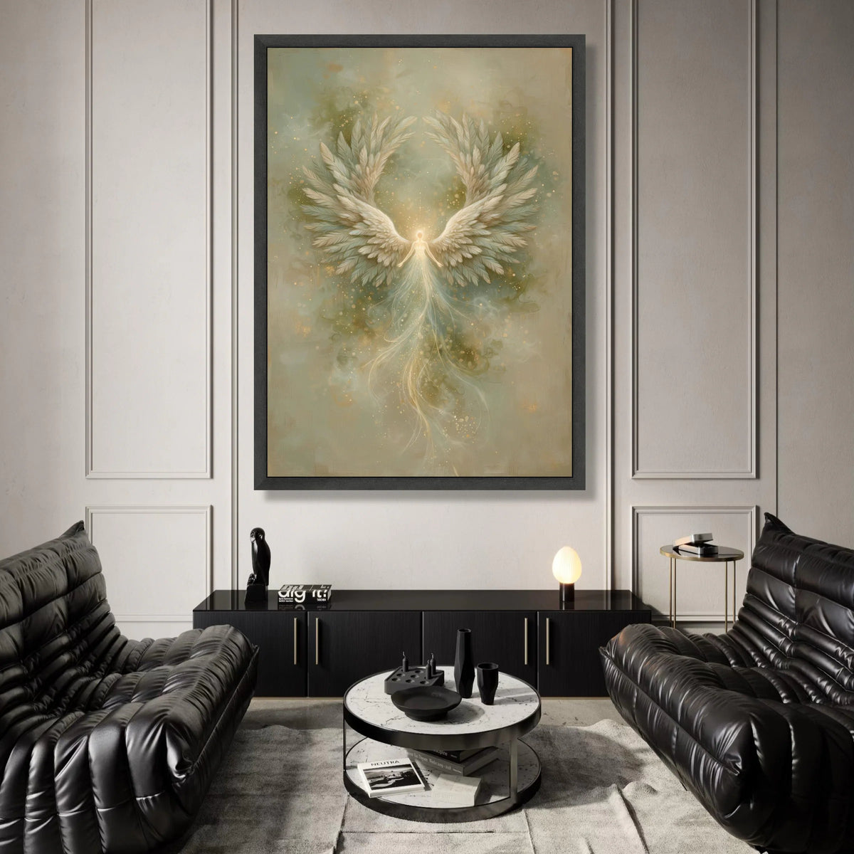 Radiant Angel Wings Canvas, Soft Glow Spiritual Art, Ethereal Flying Figure Wall Decor, Mystical Fantasy Canvas, Divine Canvas Print Art