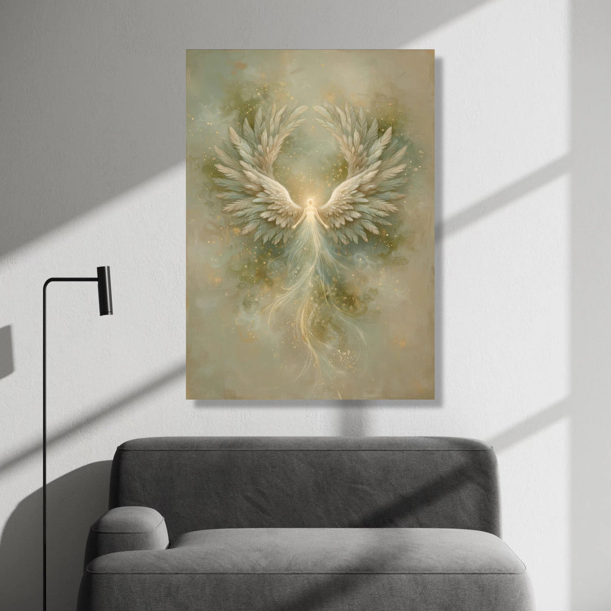 Radiant Angel Wings Canvas, Soft Glow Spiritual Art, Ethereal Flying Figure Wall Decor, Mystical Fantasy Canvas, Divine Canvas Print Art