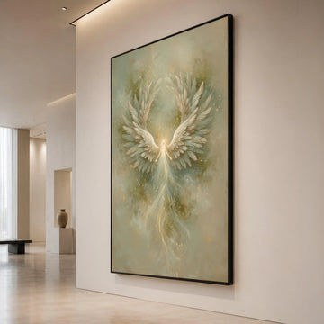 Radiant Angel Wings Canvas, Soft Glow Spiritual Art, Ethereal Flying Figure Wall Decor, Mystical Fantasy Canvas, Divine Canvas Print Art