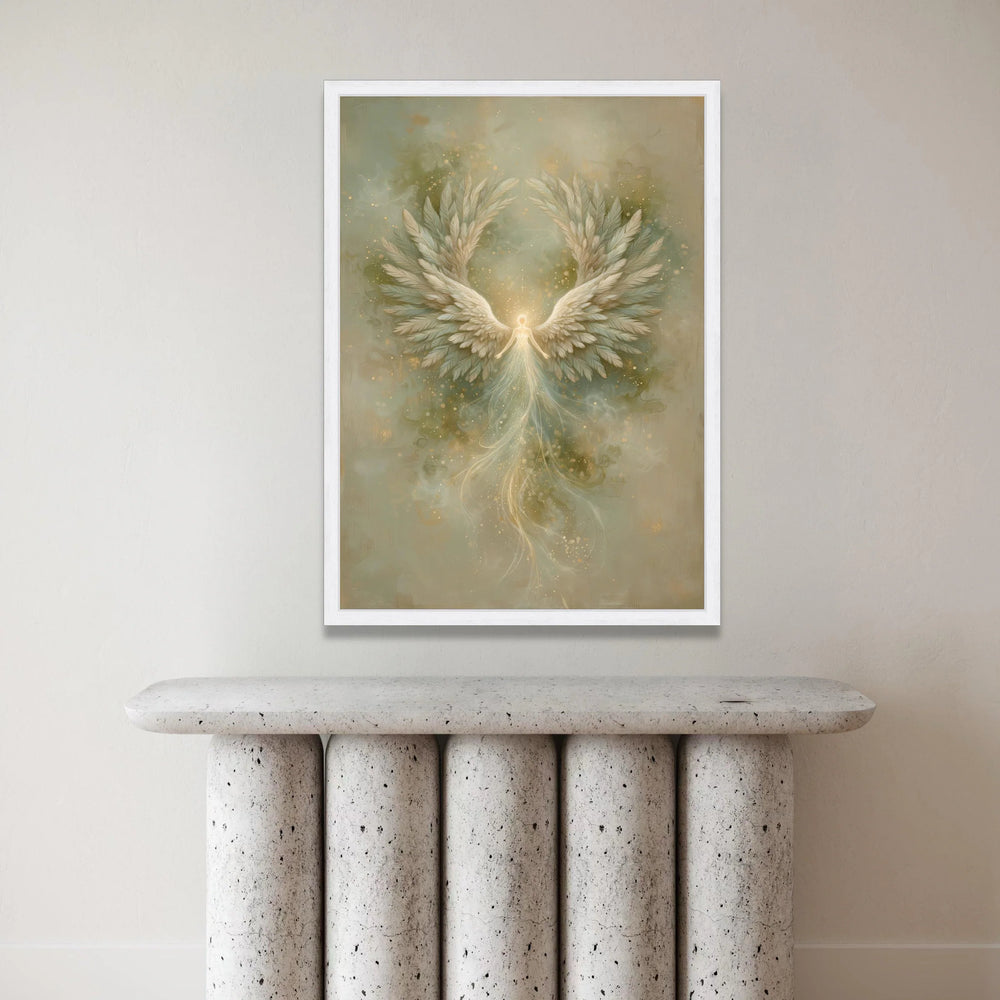 Radiant Angel Wings Canvas, Soft Glow Spiritual Art, Ethereal Flying Figure Wall Decor, Mystical Fantasy Canvas, Divine Canvas Print Art