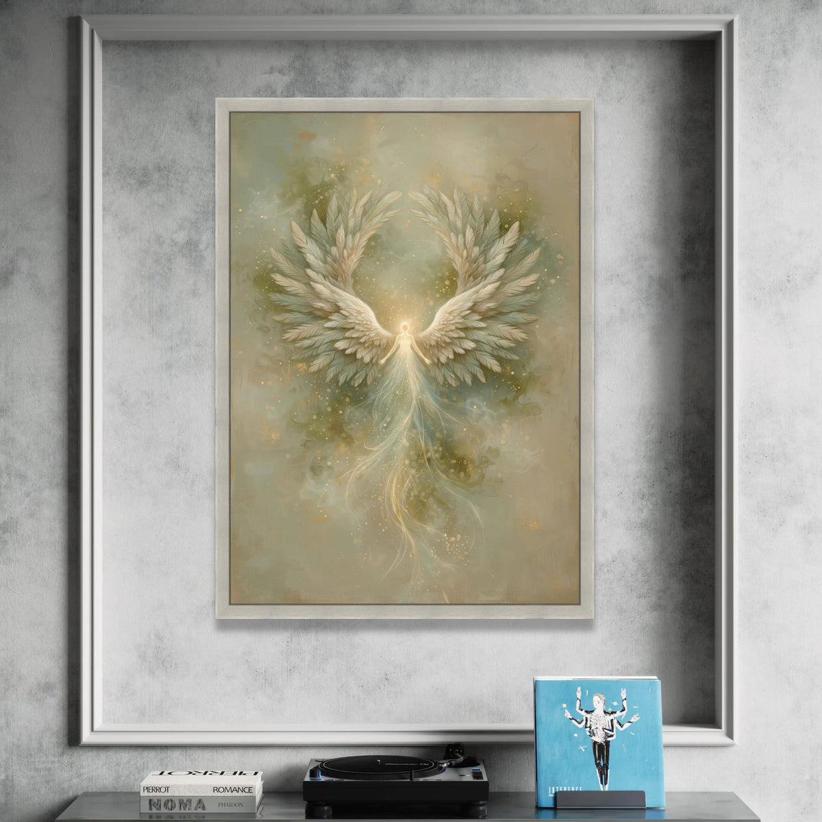 Radiant Angel Wings Canvas, Soft Glow Spiritual Art, Ethereal Flying Figure Wall Decor, Mystical Fantasy Canvas, Divine Canvas Print Art