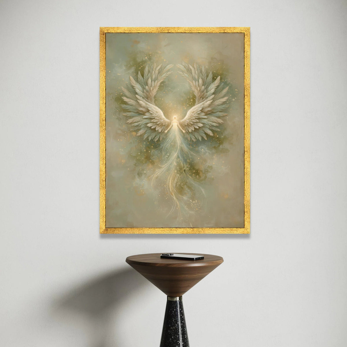 Radiant Angel Wings Canvas, Soft Glow Spiritual Art, Ethereal Flying Figure Wall Decor, Mystical Fantasy Canvas, Divine Canvas Print Art