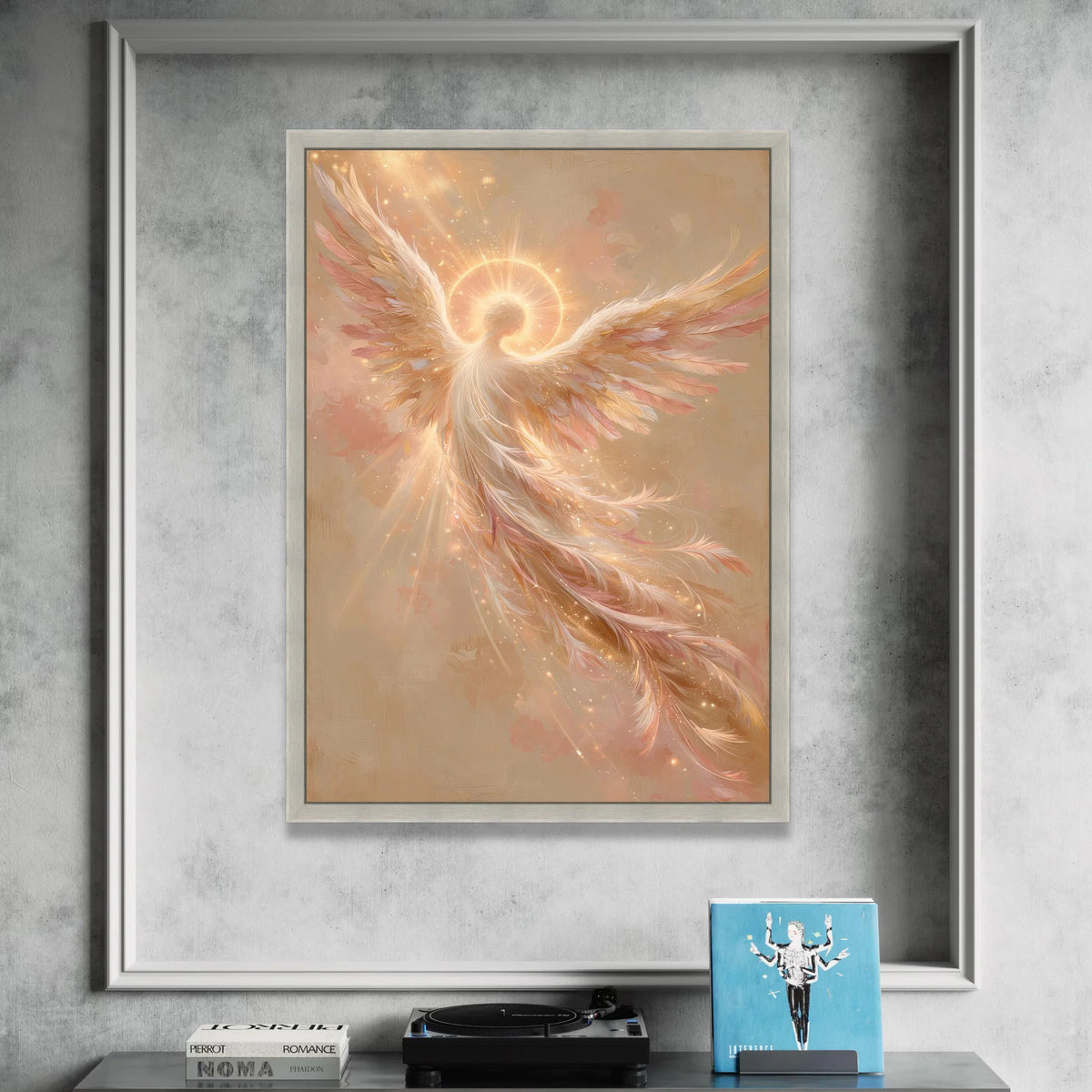 Radiant Angel Wings Canvas, Glowing Halo Wall Art, Spiritual Home Decoration, Ethereal Feather Design, Inspirational Canvas Canvas Print Art