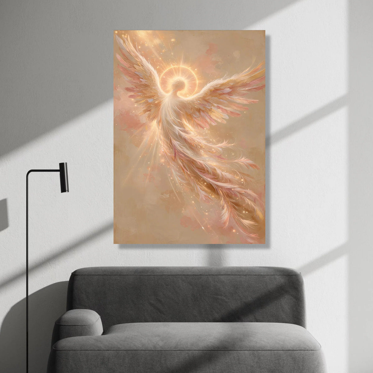 Radiant Angel Wings Canvas, Glowing Halo Wall Art, Spiritual Home Decoration, Ethereal Feather Design, Inspirational Canvas Canvas Print Art